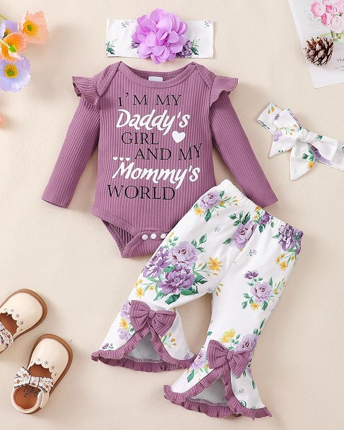 SUNNY PIGGY Newborn Baby Girl Clothes Infant Outfits Romper Floral Fall Outfit Bell Bottoms Pant Sets Hat Headband Flowerpant
