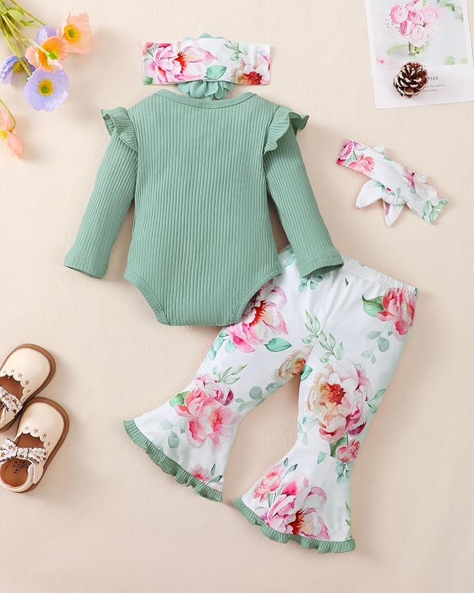 SUNNY PIGGY Newborn Baby Girl Clothes Infant Outfits Romper Floral Fall Outfit Bell Bottoms Pant Sets Hat Headband Flowerpant