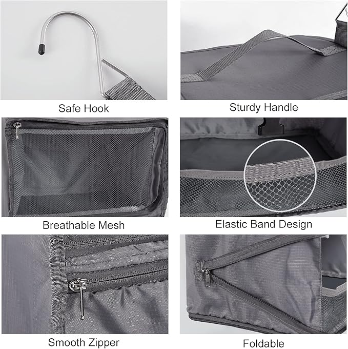 TABITORA Travel Portable Hanging Shelves Closet Organizer Packing Luggage Storage with Multifunctional and Foldable Invisible Compartment,Lightweight, for Suitcase, RV,Closet…Grey,XXL