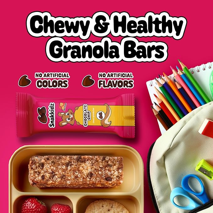 Snakkidz Organic Chewy Granola Bar, Allergen Free, Made with Avocado Oil, Low Sugar (15 Bars, Chocolate Chip)