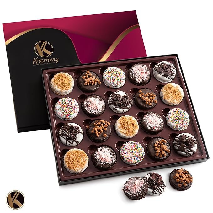 KREMERY Creamy Chocolate Cravings - Chocolate Covered Sandwich Cookies & Cream Gift Basket, in Elegant Gift Box (20 Cookies, Assorted Sweet Toppings) Food Assortments USA Made