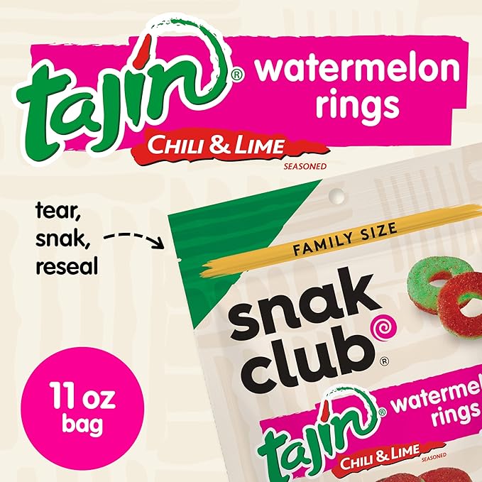 Snak Club Watermelon Rings, Tajin Chili & Lime Seasoned, Sweet and Spicy Gummy Candy, Mild in Heat Bold in Flavor, Low-Fat, Vegan, Gluten-Free Snack, Family Size, 11 Ounce