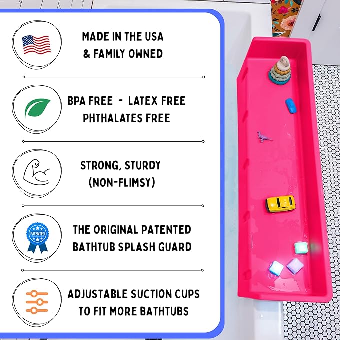 Tub Topper® Bathtub Splash Guard & Bath Shelf for Kids – Toddler Bath Tray, Bath Toys Storage & Ledge Organizer – Splash Guard for Bathtub with Suction Cups – Kids Bathroom Accessories (Pink)