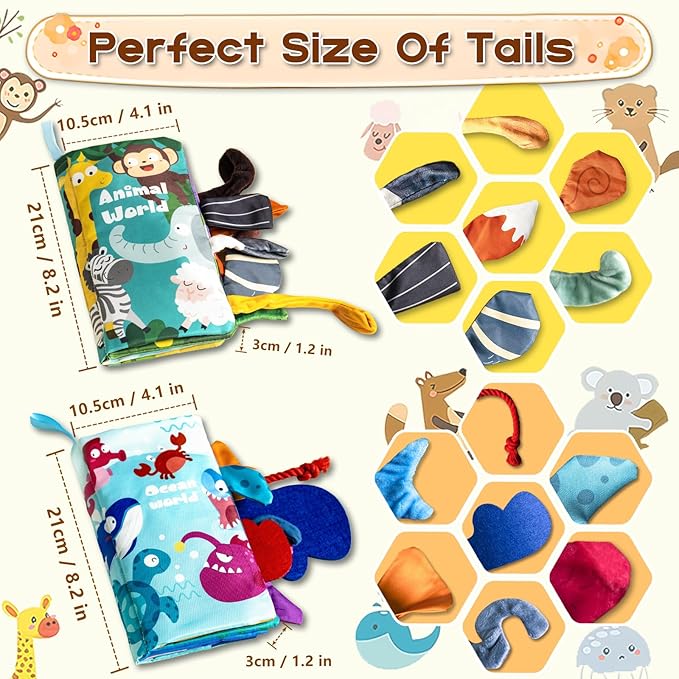 Soft Book Toys for Babies 0-18 Months, 2PCS Crinkle Cloth Books – Animals and Ocean Themes, Tails Sensory Book with Rings for Hang, Montessori Early Learning Infant Toy for 0-6-12-18 Month