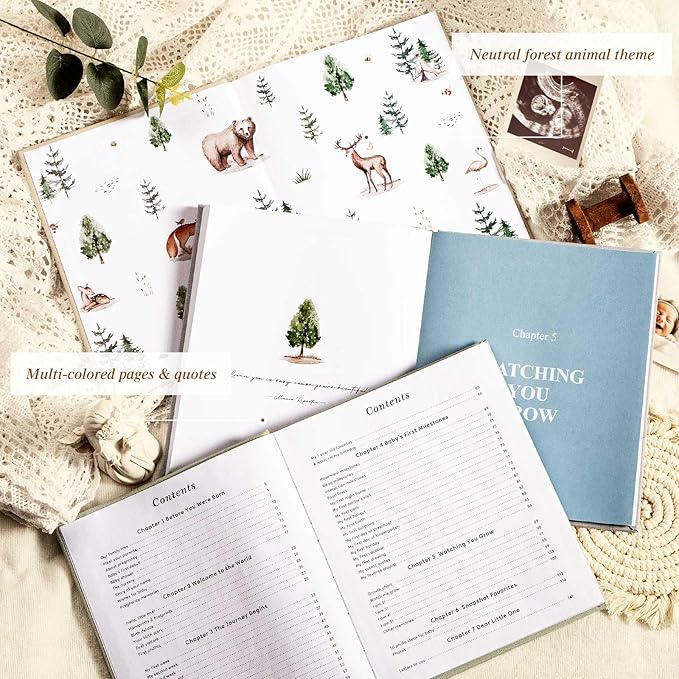 Lanpn Hello Baby First 5 Year Memory Book for Boy Girl - Linen Hardcover Keepsake for New Parents - Newborn Journal Scrapbook Photo Album Milestone Book (Blue, 154 Pages)