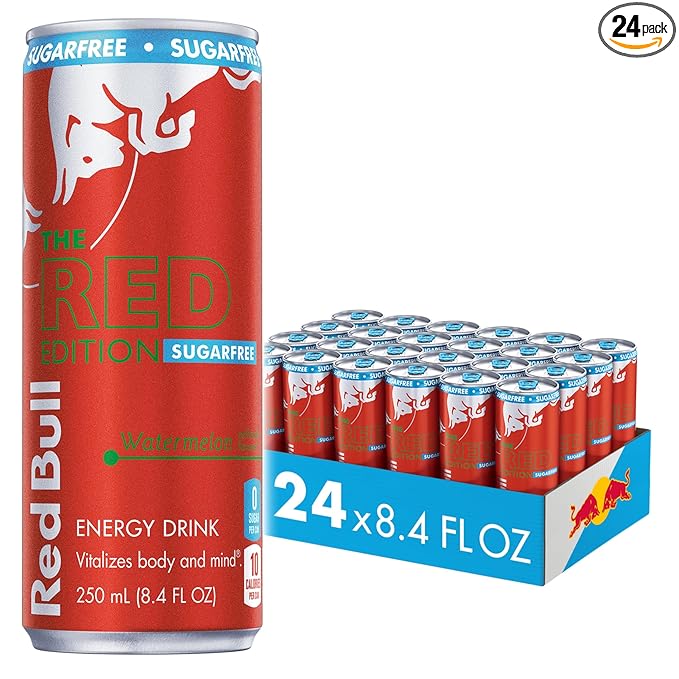 Red Bull Red Edition Sugar Free Energy Drink, Watermelon, with 80mg Caffeine plus Taurine & B Vitamins, 8.4 Fl Oz, Pack of 24 Cans