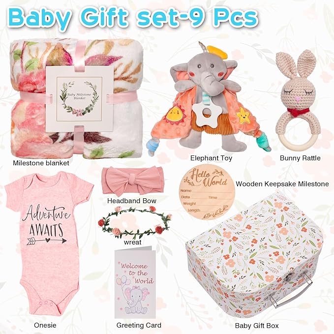 Baby Girl Gifts,Baby Shower Gifts for Girls,New Born Baby Girls Gift Sets,Welcome Baby Girl Gift Basket,Baby Milestone Blanket,Unique Baby Gift Essentials,Gender Reveal Gifts, Rattle Lovey Blanket