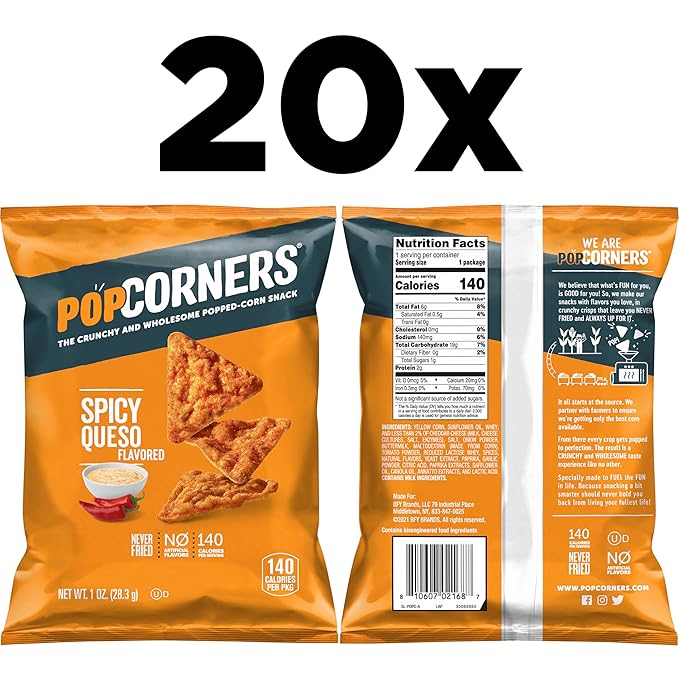 PopCorners Popped Corn Snacks, Spicy Queso, 1 Ounce Bags (Pack of 20) Packaging May Vary