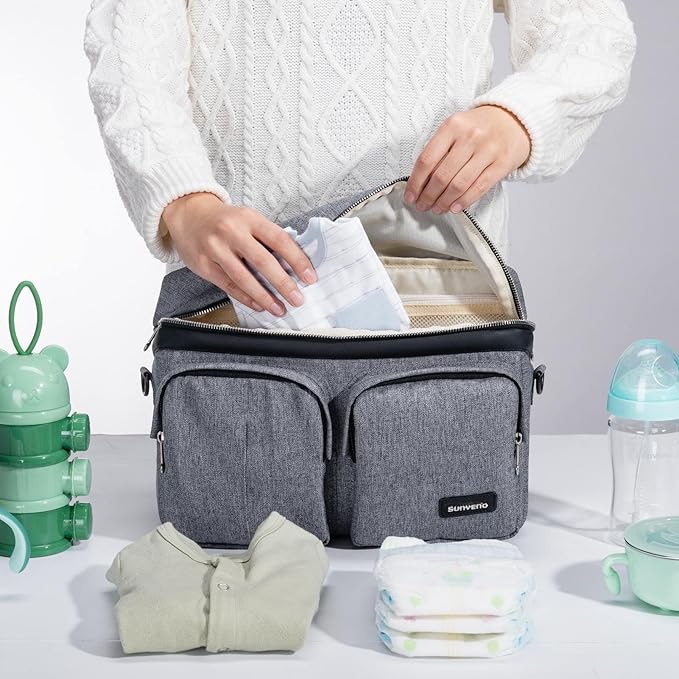 SUNVENO Universal Stroller Organizer Caddy, 2 Cup Holders, Multiple Pockets & Shoulder Strap — Fits Most Strollers
