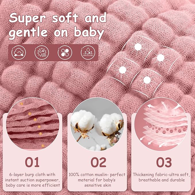 Looxii Muslin Burp Cloths Baby Girl 6 Pack - 20" x 10" - Ultra Soft & Absorbent, 6-Layer 100% Cotton for Spit Up & Drool- Gentle Burping Cloth, Baby Girl Newborn Essentials Shower Gifts, Bean Paste