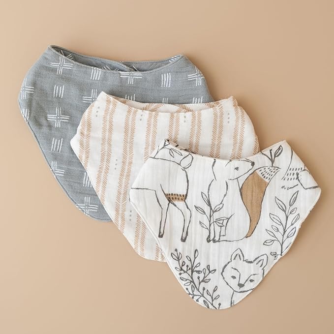 Crane Baby Bandana Bibs, Soft Muslin Adjustable Absorbent Bib Set, 3 Pack, 100% Cotton, Woodland Animal Baby Set For Newborns, Cotton Drool Bibs For Eating