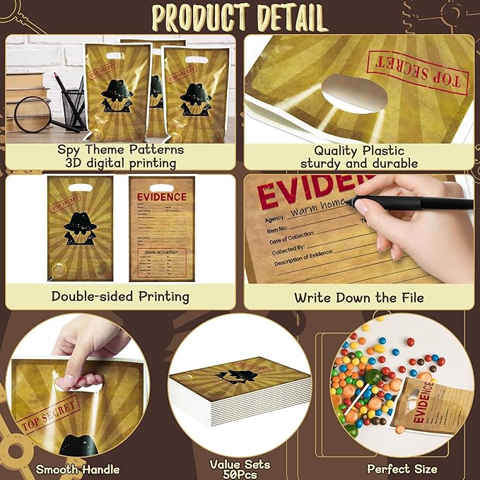 50Pcs Top Secret Spy Party Favor Bags Secret Agent Sweet Goody Candy Treat Bag Escape Room Party Decorations Mystery Spy Theme Plastic Gifts Bags Birthday Snack Bags for Kids Birthday Party Supplies