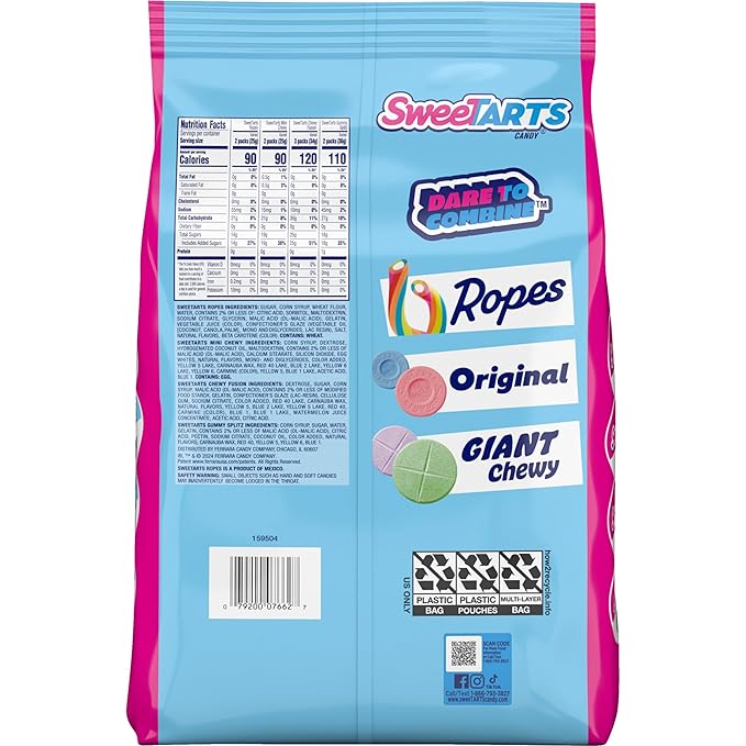 SweeTARTS Candy, Variety Mix, Cherry Punch Ropes, Mini Chewy, Gummies Fruity Splitz & Chewy Fusions 45 oz (92 Pieces)