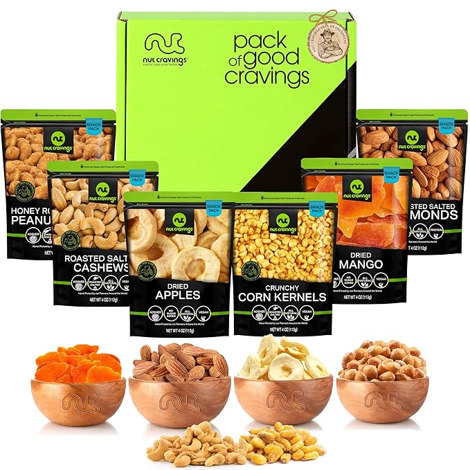 NUT CRAVINGS - Dried Fruit & Mixed Nuts Basket in Green Box (6 Assortments of 4 oz, 1.5 lb) Food Arrangement, Healthy Snack Care Package, Food Assortments