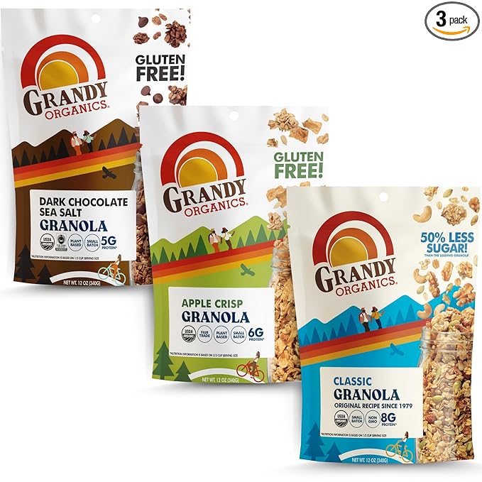 Grandy Organics Variety Pack Traditional Granola - Classic, Apple Crisp, Dark Chocolate Sea Salt - Certified Organic Granola, Non-GMO, 12oz Bags, Bulk Pack of 3