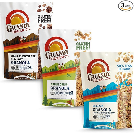 Grandy Organics Variety Pack Traditional Granola - Classic, Apple Crisp, Dark Chocolate Sea Salt - Certified Organic Granola, Non-GMO, 12oz Bags, Bulk Pack of 3