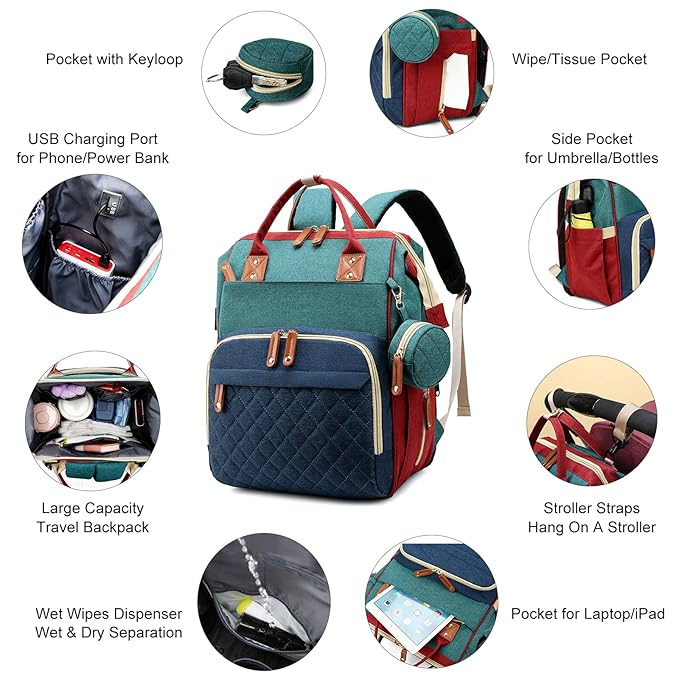 Diaper Bag with Changing Station, Waterproof Baby Bags for Boys & Girls, USB Charging Port for Parents, Must-Have Baby Essentials & Lovely Baby Shower Gifts, RGB