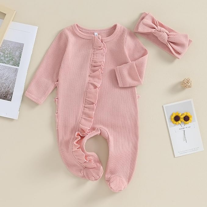 Newborn Girl Clothes Baby Girl Coming Home Outfit Zipper One-piece Outfits Ruffle Footie Bodysuit Jumpsuit Headband