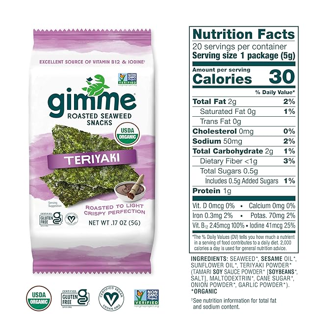 Gimme Seaweed Organic Premium Roasted Seaweed Snacks, Teriyaki, 20 Count, Keto, Vegan, Gluten-Free, Great Source of Omega3s and Iodine, Healthy On-The-Go Snack for Kids and Adults