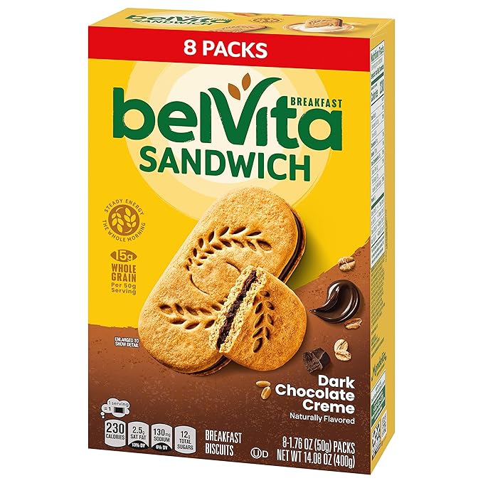 belVita Breakfast Sandwich Dark Chocolate Creme Breakfast Biscuits, 64 Total Packs, 8 Boxes (2 Sandwiches Per Pack)