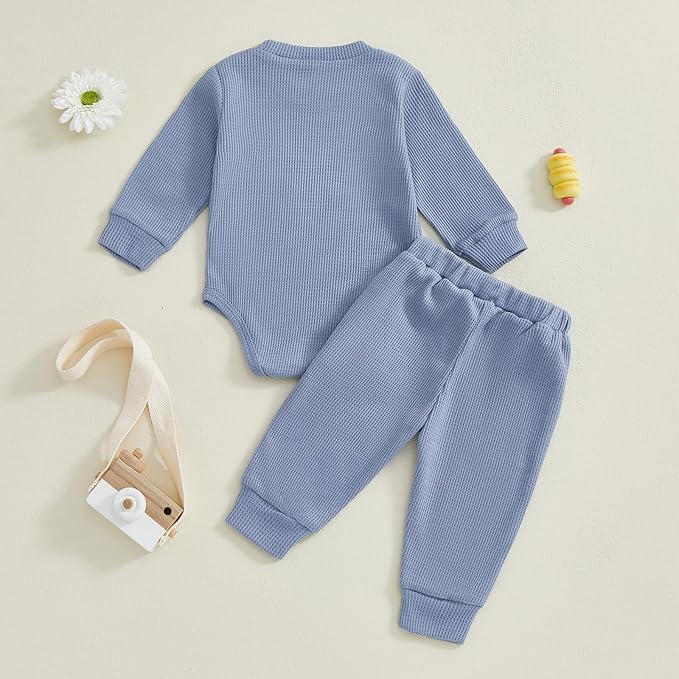 Kupretty Baby Boy Clothes 3 6 12 18 Months Fall Winter Outfit Mama's Boy Embroidery Waffle Long Sleeve Romper Pants Set