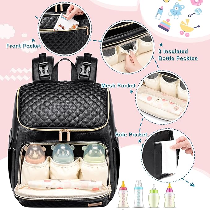 Weitars Diaper Bag Backpack Leather Baby Diaper Bag with Changing Pad Travel Diaper Backpack,Baby Bag for Mom,Stroller Straps,5 Insulated Pockets (Black Leather)