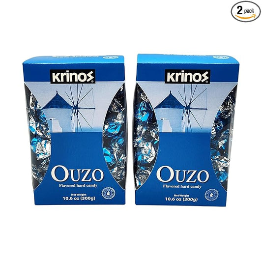 Krinos Ouzo Candy - Greek Favorite - Licorice Flavored Treat - Delicious Hard Candy - All Natural Flavors - Contains No Alcohol and No Gluten - Perfect for Parties, Party Favors, or Gifts (2pk)