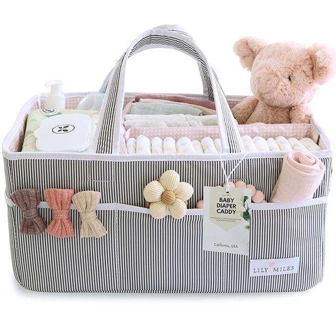 Lily Miles Baby Diaper Caddy Organizer, Girl Nursery Storage Basket with 8 Pockets, Baby Organizer and Storage, Easy-to-Clean Fabric, Large, Pink Blush