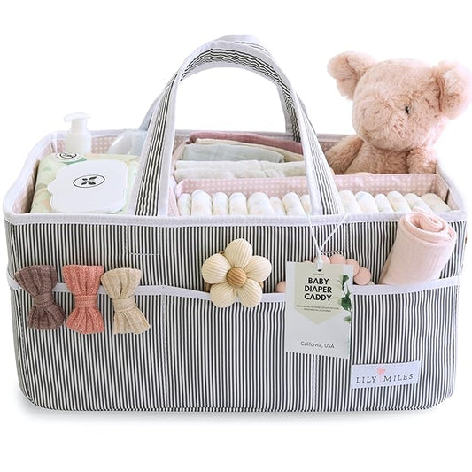 Lily Miles Baby Diaper Caddy Organizer, Girl Nursery Storage Basket with 8 Pockets, Baby Organizer and Storage, Easy-to-Clean Fabric, Large, Pink Blush