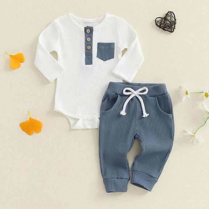 fhutpw Baby Boy Clothes 3 6 12 18 Months Ribbed Knitted Long Sleeve Romper and Pants Sets Newborn Fall Splicing Color Outfits