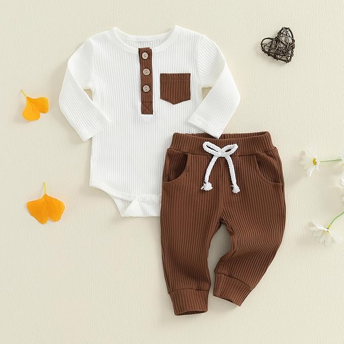 fhutpw Baby Boy Clothes 3 6 12 18 Months Ribbed Knitted Long Sleeve Romper and Pants Sets Newborn Fall Splicing Color Outfits