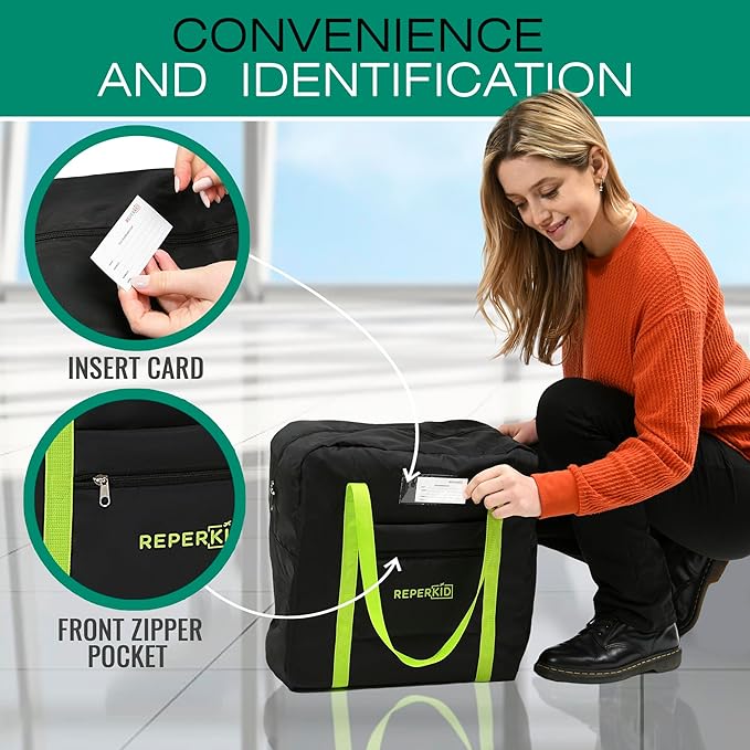 Reperkid Booster Seat Travel Bag for Airplane, Black and Green, 17" H x 16.5" W x 9.5" D, Compatible with Gb Pockit Stroller & Most Boosters– Premium Waterproof Cover, Hand Bag Design, Durable Zipper