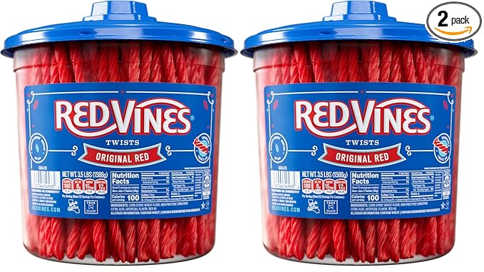 Red Vines Licorice Candy Original Red Flavor Soft Chewy Candy Twists, Red Licorice 3.5 Lb Jar 2 Pack