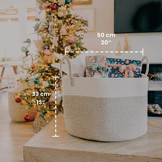 OrganiHaus Woven Laundry Basket, Large Cotton Rope Blanket Holder with Handles, Soft & Sturdy Nursery Hamper, Decorative Toy Bin for Living Room Organization 20x13 inches - Brown/Off-White