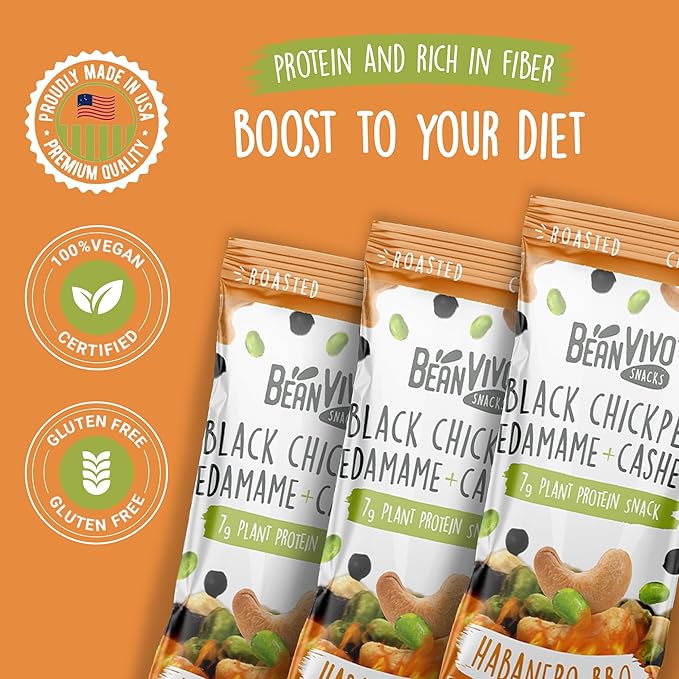 BeanVIVO Healthy Snacks for Adults & Kids with 7g Protein & 5g Fiber per Serving with Dried Edamame, Roasted Cashew and Black Chickpeas - Vegan & Gluten Free - Keto Friendly & Non-GMO - 8Pack (1.05 oz Each Pouch)