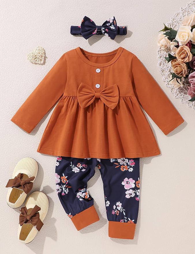 oklady Toddler Baby Girl Clothes Solid Color Ruffle Tops Floral Pants with Headband Fall Winter Cute Girl Outfits