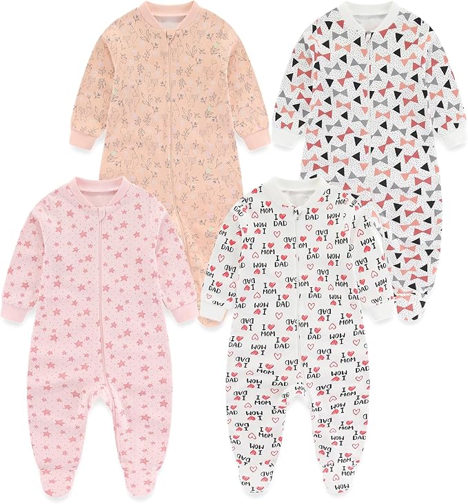 Baby Boys Girls Footies One-Piece Romper Long-Sleeve Jumsuit Cotton Newborn Clothes Set 4-Pack, Baby Pajamas