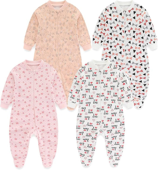 Baby Boys Girls Footies One-Piece Romper Long-Sleeve Jumsuit Cotton Newborn Clothes Set 4-Pack, Baby Pajamas