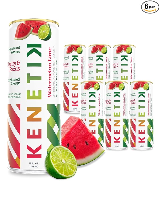 NEW! KENETIK Nootropic Ketone Drink, Ketones for Energy & Focus, Caffeine & Sugar Free, High Performance D-BHB Ketone Mix, Fuel w/Zero Crash or Jitters, Ready to Drink - Watermelon Lime 6 Pk