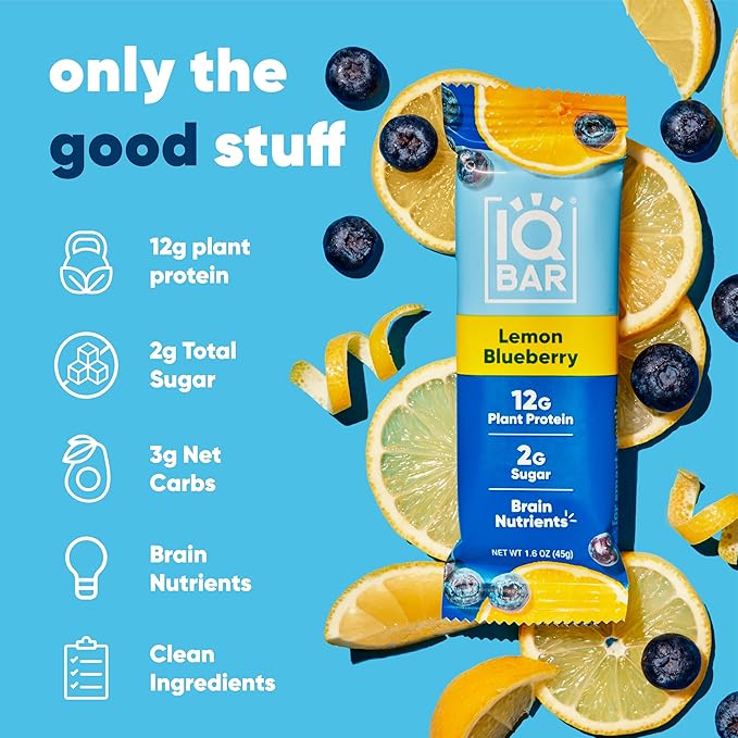 IQBAR Brain and Body Plant Protein Bars - Lemon Blueberry - 12-Count Low Carb - Gluten Free, High Fiber, Vegan Snacks - Low Sugar Meal Replacement