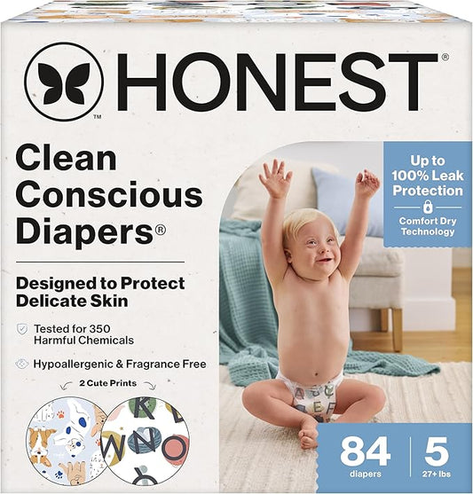 The Honest Company Clean Conscious Diapers for Delicate Skin | Up to 100% Leakproof | Hypoallergenic, Fragrance Free | Gender Neutral | Super Club Box, Size 5 (27+ lbs), 84 Count (Prints May Vary)