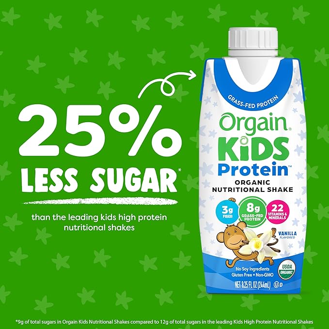 Orgain Organic Kids Protein Nutritional Shake, Vanilla - 8g of Protein, 22 Vitamins & Minerals, Fruits & Vegetables, Gluten Free, Soy Free, Non-GMO, 8.25 Oz, 12 Ct (Packaging May Vary)