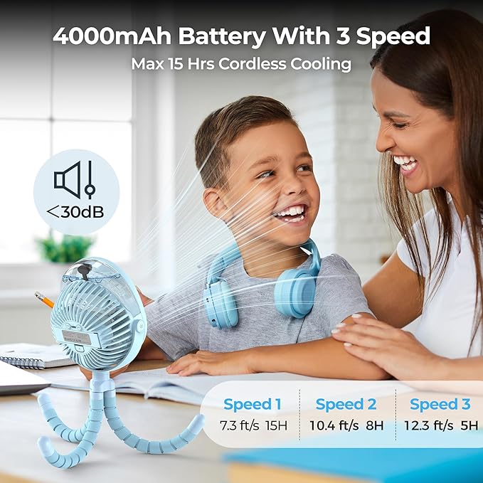 Misting Baby Stroller Fan, 4000mAh Rechargeable Battery Operated, 270°Pivoting, 15H Cooling,50ml Portable Water Sprayer Misting Fan with Flexible Tripod Clip on Car Seat Crib Treadmill Bunk Bed