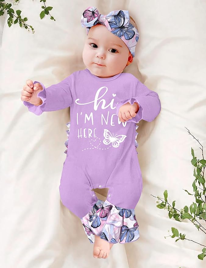 AGAPENG Newborn Girl Clothes Ruffle Letter Print Romper Infant Bell Bottom Jumpsuit Boho Baby Girl Clothes with Headband Hat