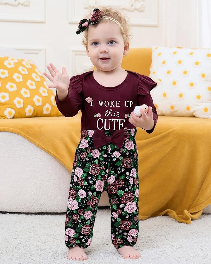 Baby Girl Clothes Newborn Infant Cotton Ruffle Romper+ Floral Pants + Headband Sets Fall Winter Outfits