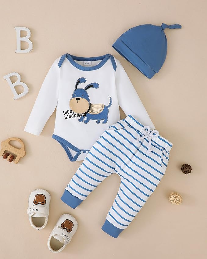 SUNNY PIGGY Baby Boy Clothes Newborn Infant Boys Outfits Romper Hat Pants 3PC Set 0-3 3-6 6-12 12-18 Month Clothing Gift