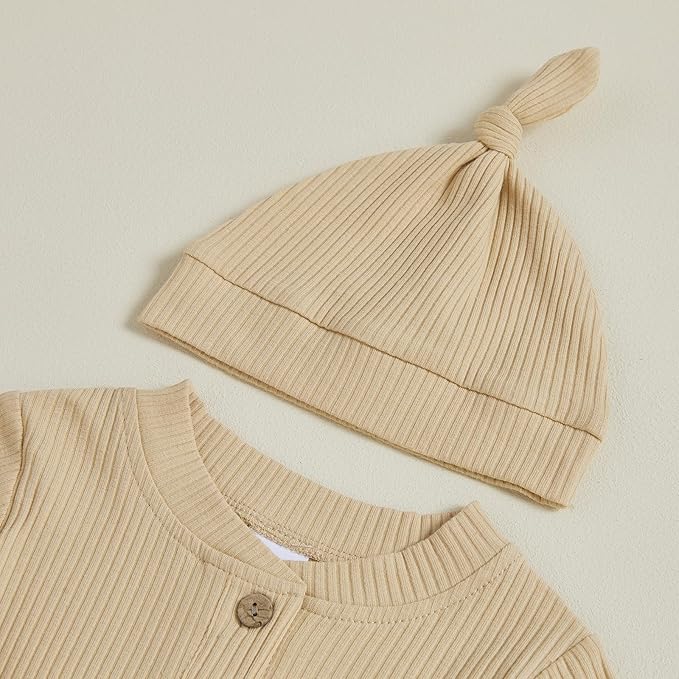 Newborn Baby Boy Clothes Long Sleeve Ribbed Bodysuit Pants Hat 3-Piece Outfit Set