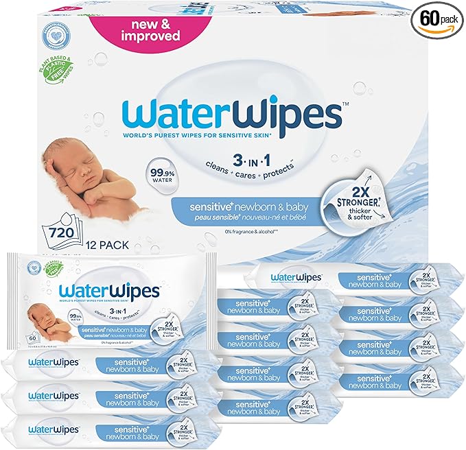 WaterWipes Sensitive+ Newborn & Baby Wipes, 3-In-1 Cleans, Cares, Protects, 99.9% Water, Unscented & Hypoallergenic, 720 Count (12 Packs)