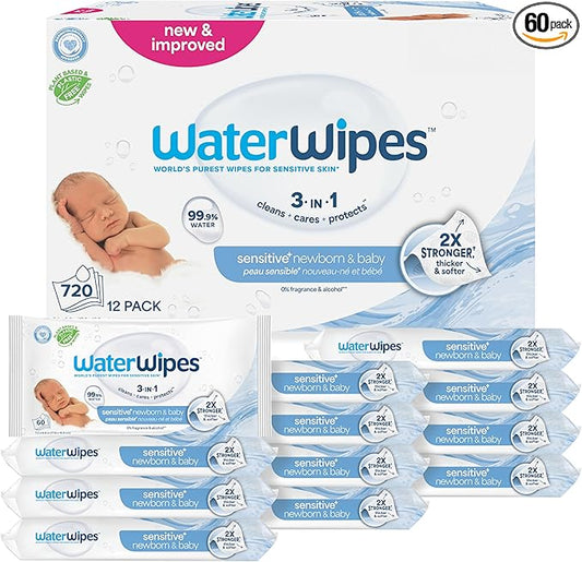 WaterWipes Sensitive+ Newborn & Baby Wipes, 3-In-1 Cleans, Cares, Protects, 99.9% Water, Unscented & Hypoallergenic, 720 Count (12 Packs)