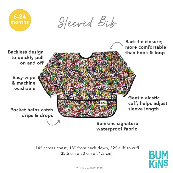 Bumkins Sleeved Bib for Girl or Boy, Baby and Toddler for 6-24 Mos, Essential Must Have for Eating, Feeding, Baby Led Weaning Supplies, Long Sleeve Mess Saving Food Catcher, Nintendo Super Mario